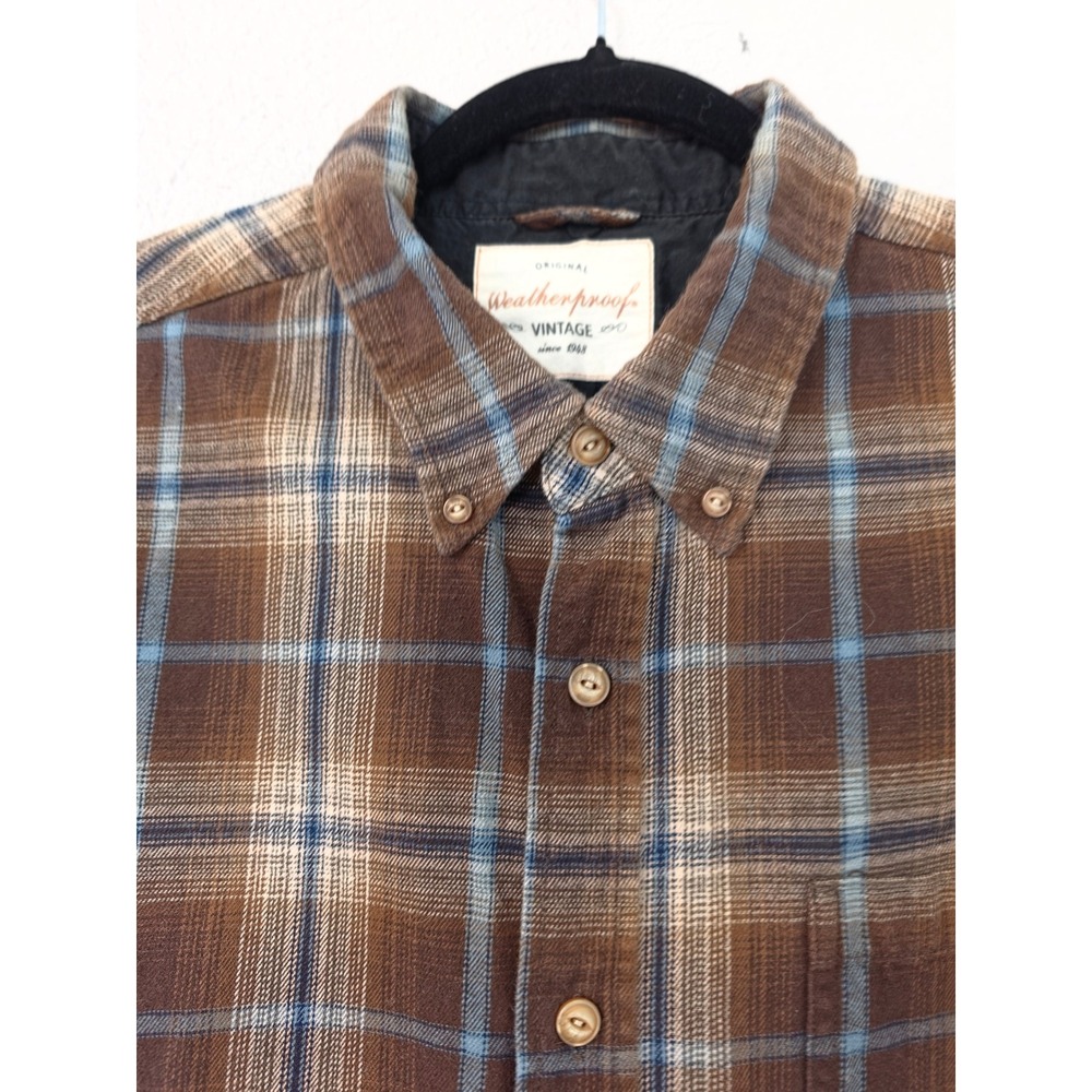 Weatherproof Vintage Mens Brown Blue Plaid Flannel Button Down Shirt - Picture 2 of 9